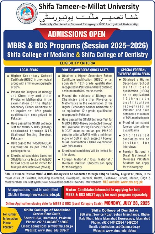 Admission Open in Shifa Tameer-e-Millat University Islamabad